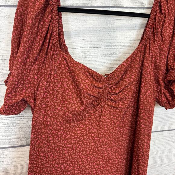 Madewell Women's Rust Floral Sweetheart Puff-Sleeve Midi Dress Size 16 - Picture 4 of 9